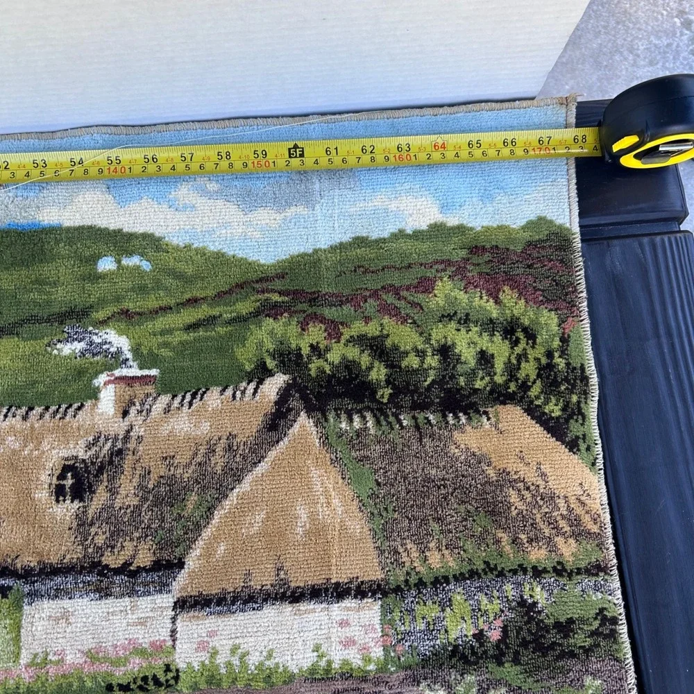 Vintage Scenic Tapestry Wall Hanging Cows River Thatch Roof Cottages‎ Fringe